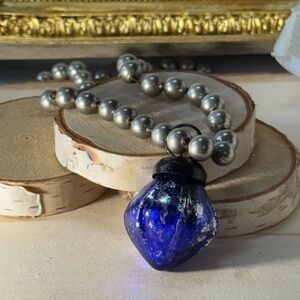 Artisan Handknotted Silver Necklace with Blue Vintage Ornament Pendant